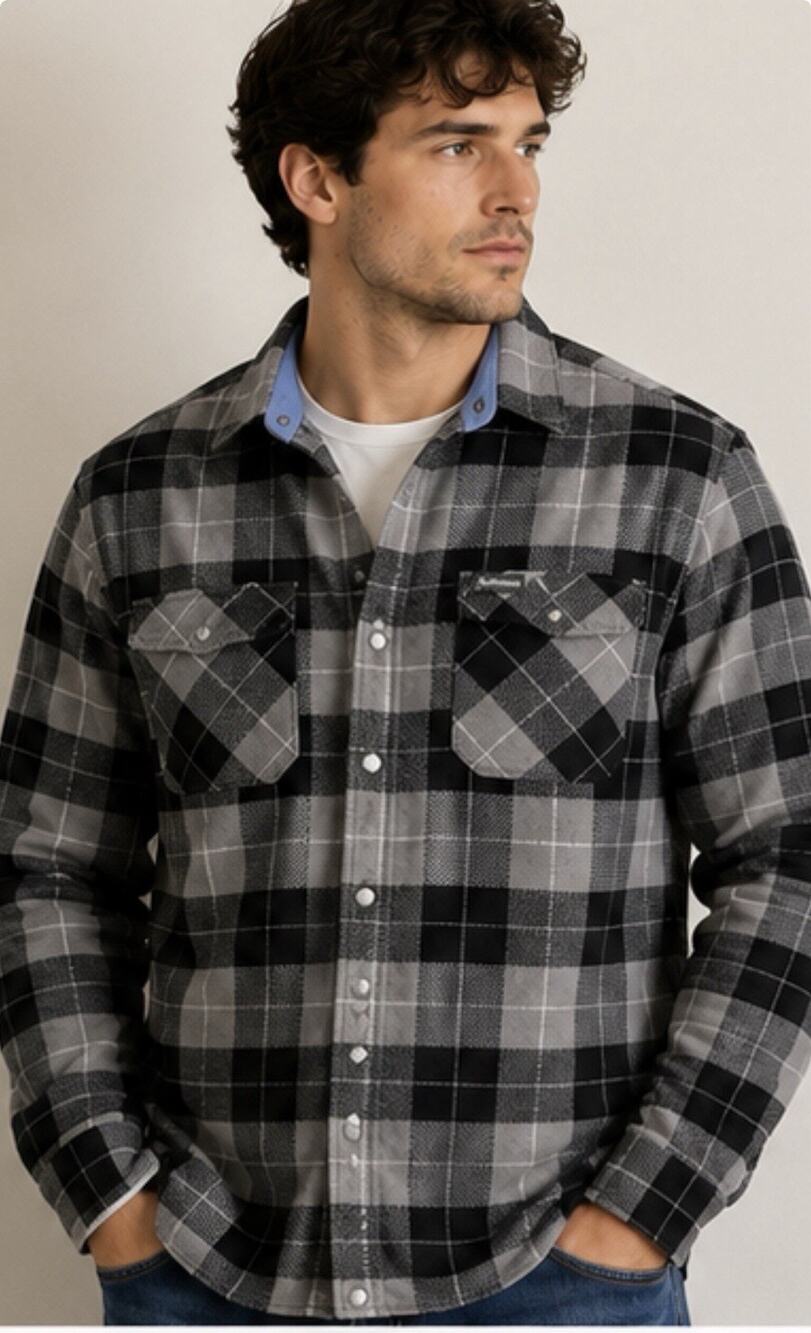 Columbia Mens L Gray Black Plaid Fleece Lined Snap Shirt Jacket Flannel